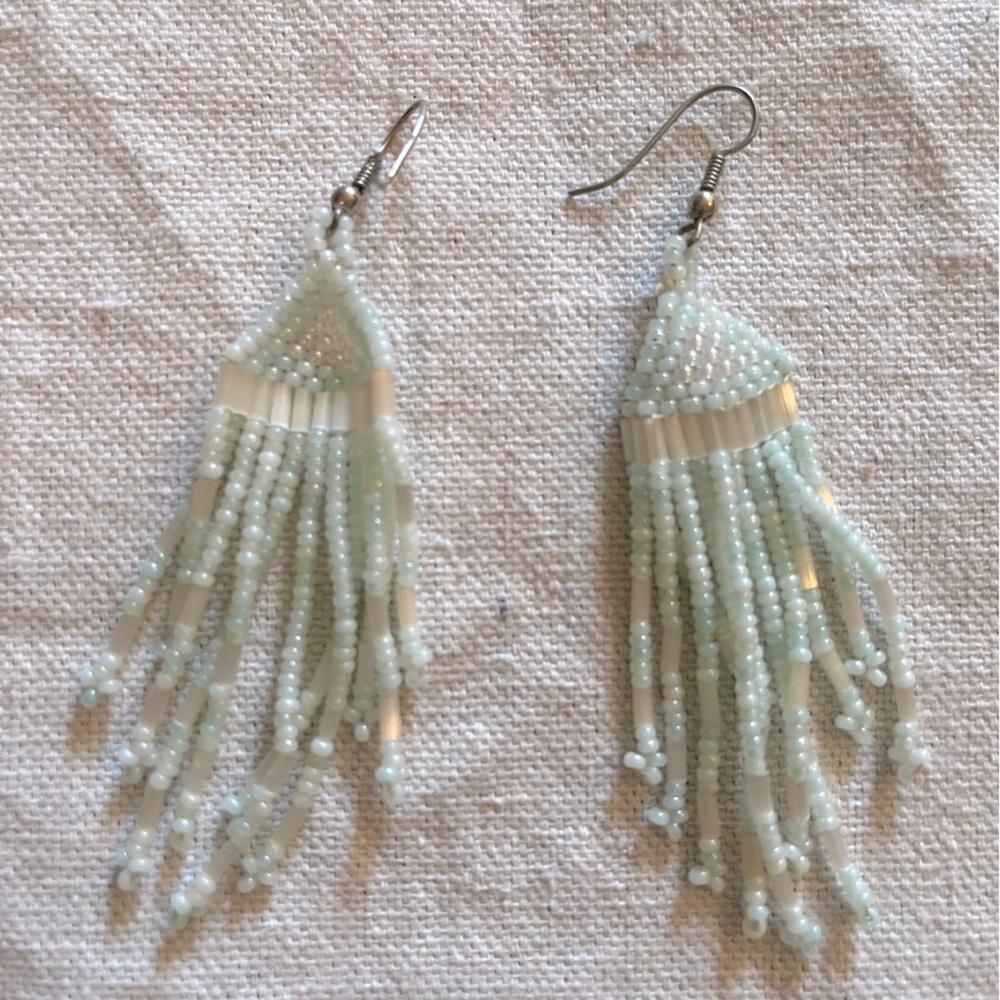 Stunning vintage light aqua beaded fringe earrings